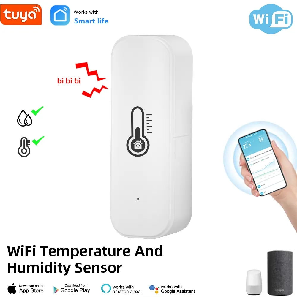 Tuya WiFi Temperature and Humidity Sensor Indoor Humidity Sensor Battery Powered APP Monitoring For Alexa Google Home Voice